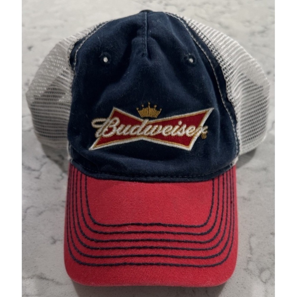 Budweiser King of Beers Trucker Hat Snapback Cap OSFA Navy Blue Red Mesh